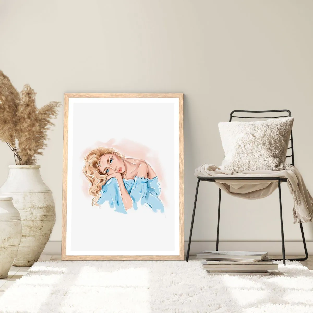 Plakat i ramme af lyst egetræ - Drømmende i blåt - 50x70 cm
