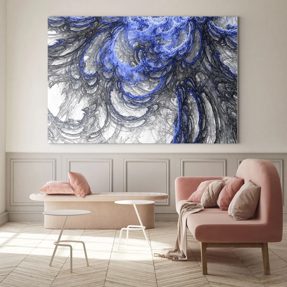 Billede på glas - Dynamisk abstraktion i nuancer af blå og grå - 70x50cm - En bølges fødsel - Moderne vægdekoration til stue og soveværelse ARTTOR