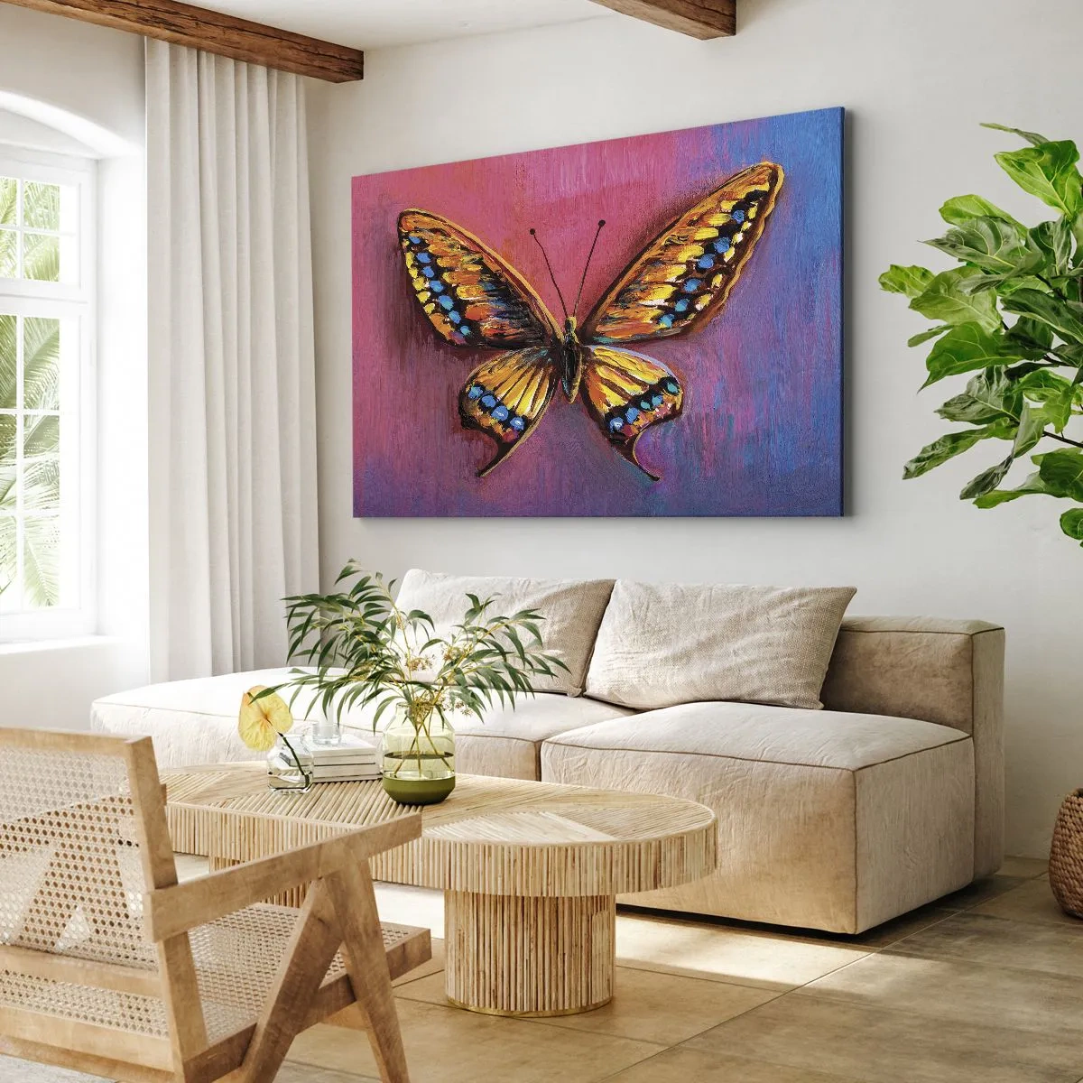 Lærredstryk - Billede på lærred - Farverig sommerfugl på en abstrakt baggrund - 70x50cm - Naturens juvel - Moderne vægdekoration til stue og soveværelse ARTTOR