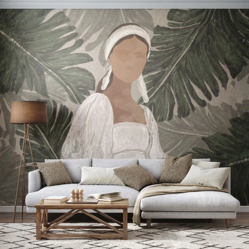 Fototapet Standard Eco - Figuren af en kvinde i en hvid kjole mod en baggrund af eksotiske blade - 100x70cm - Eksotisk portræt - Moderne vægdekoration til stue og soveværelse ARTTOR