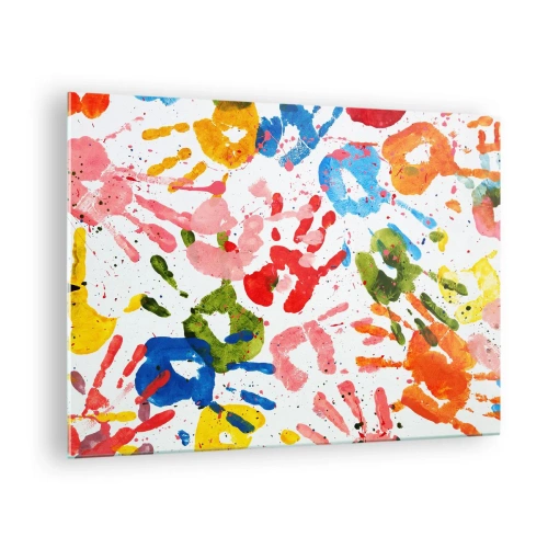 Billede på glas - Farverige håndaftryk på en hvid baggrund - 70x50cm - Følg sporene - Moderne vægdekoration til stue og soveværelse ARTTOR