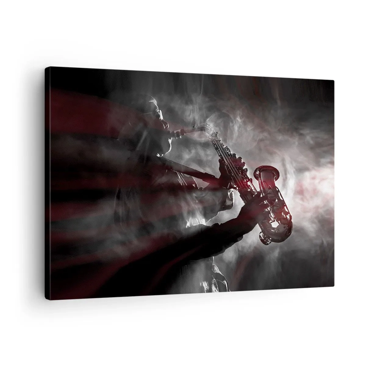 Lærredstryk - Billede på lærred - Saxofonist i røg på scenen i atmosfærisk sort og rødt - 70x50cm - I jazzens dampe - Moderne vægdekoration til stue og soveværelse ARTTOR