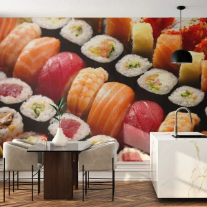 Fototapet Selvklæbende Deluxe Sticker - Asiens farver og smag - Gastronomi, Sushi, Asien - 450x315 cm