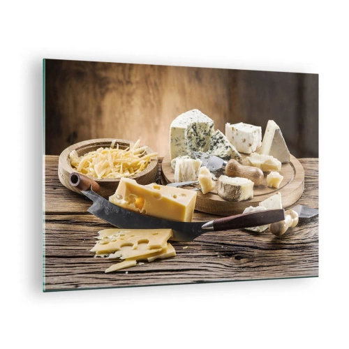 Billede på glas - Ostebræt med kniv på rustikt bord - 70x50cm - Smil til osten - Moderne vægdekoration til stue og soveværelse ARTTOR