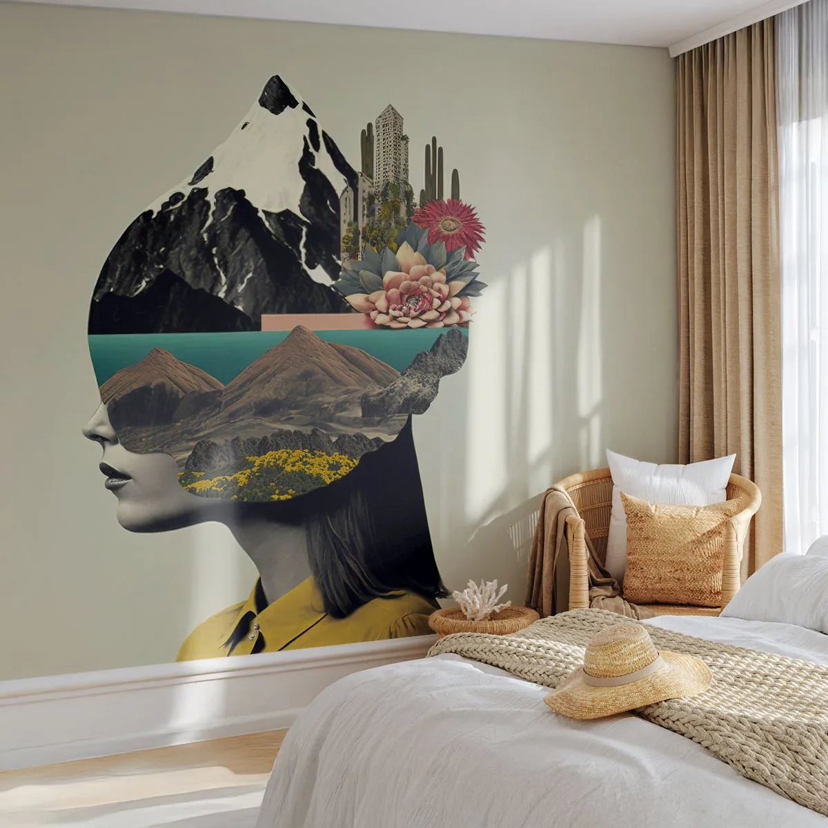 Fototapet Premium Canvas - Kvinden - altid et mysterium - Bjerge, Sind, Hoved - 100x70 cm