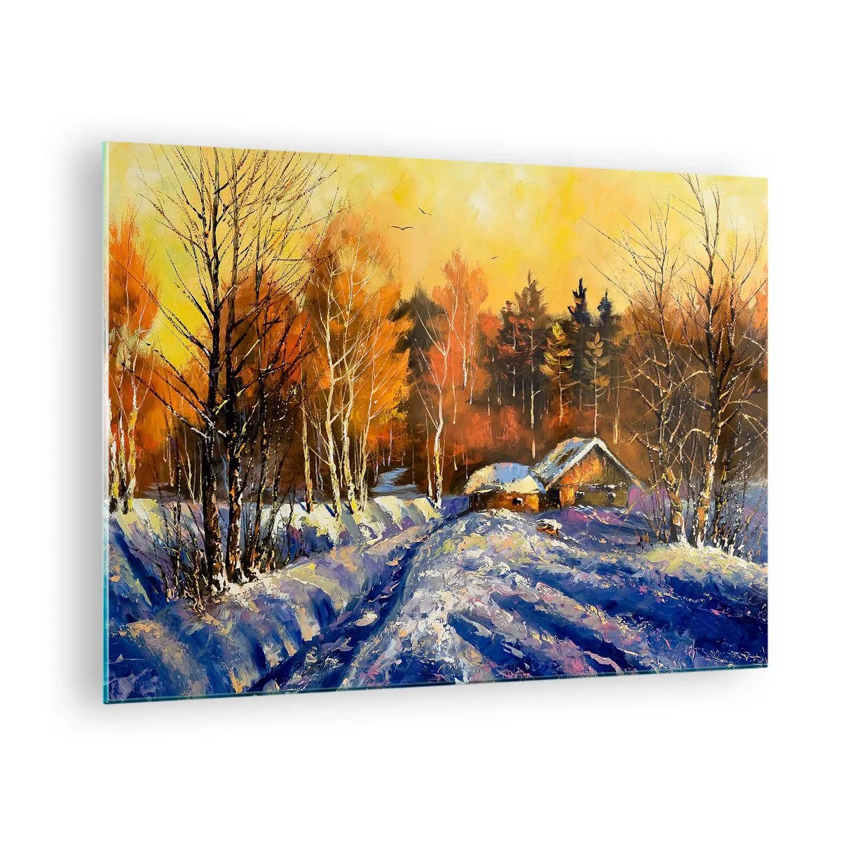 Billede på glas - Vinterlandskab med et træhus ved solnedgang - 70x50cm - Vinterindtryk i solen - Moderne vægdekoration til stue og soveværelse ARTTOR
