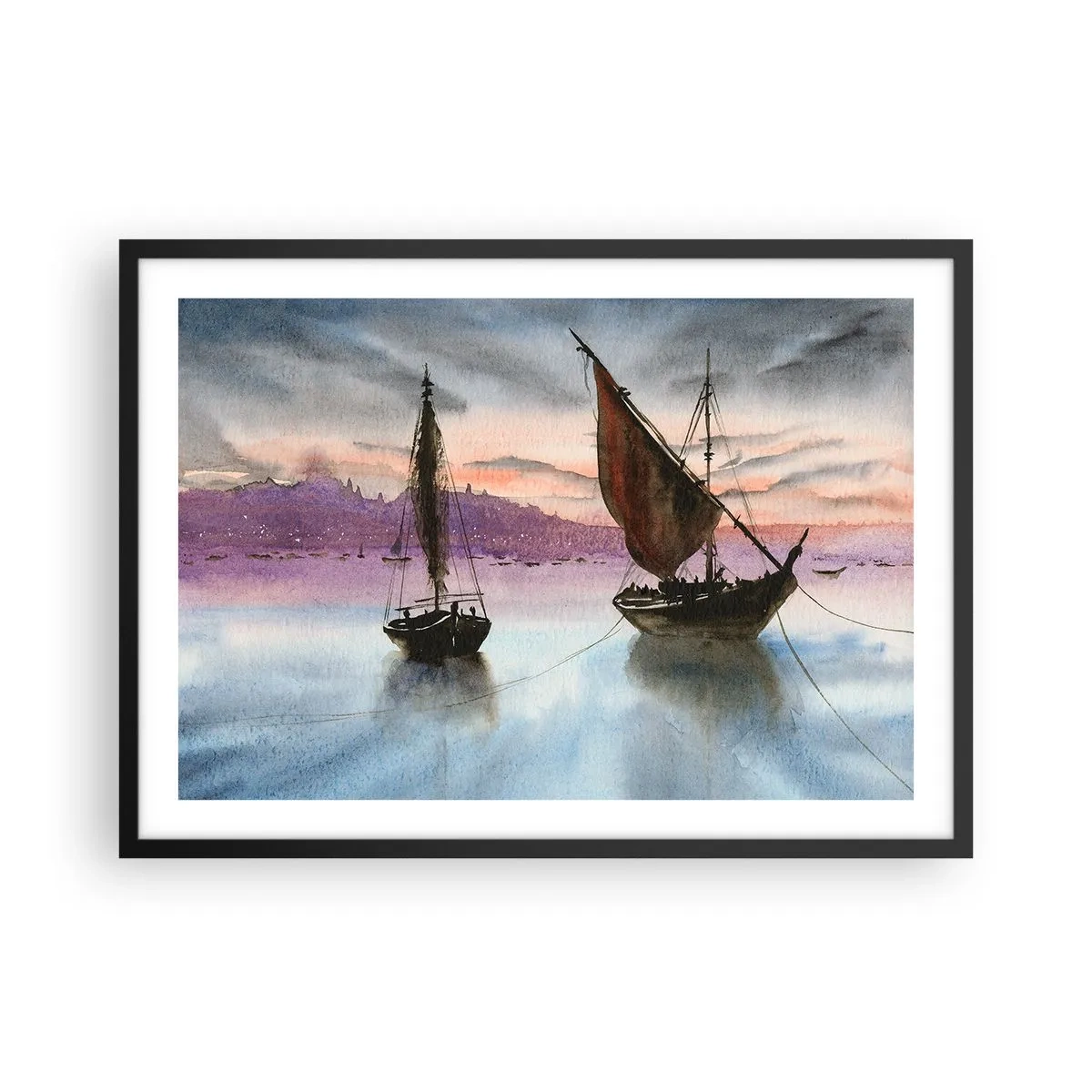 Plakat i sort ramme - Aften i havnen - 70x50 cm