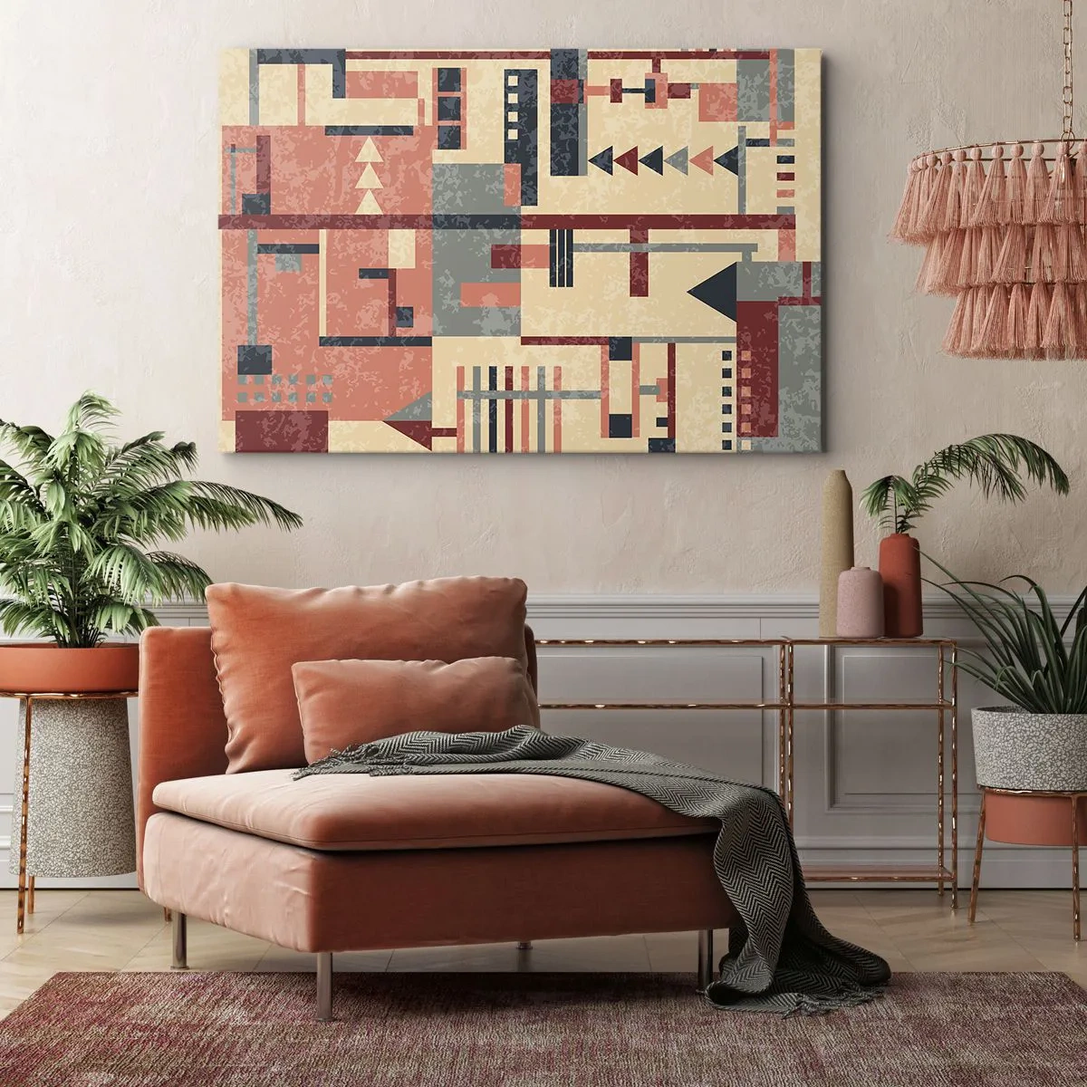 Lærredstryk - Billede på lærred - Geometrisk mønster i pastelfarver af beige, rød og grå - 70x50cm - Kombination af vertikaler og niveauer - Moderne vægdekoration til stue og soveværelse ARTTOR