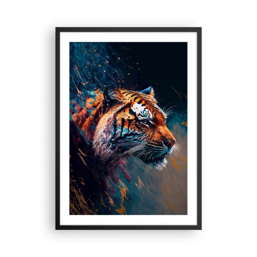 Plakat i sort ramme - Et dynamisk portræt af en tiger i kunstnerisk stil - 50x70cm - Vild skønhed - Moderne vægdekoration til stue og soveværelse ARTTOR