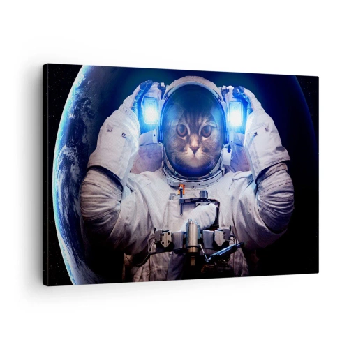 Lærredstryk - Billede på lærred - En kat i en astronautdragt med Jorden i baggrunden og et klart lys. - 70x50cm - Houston, I har et problem - Moderne vægdekoration til stue og soveværelse ARTTOR