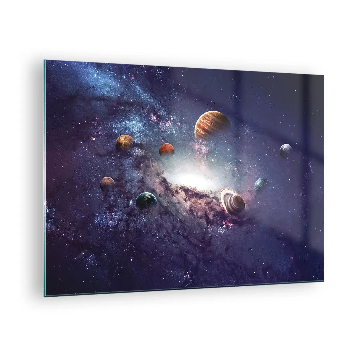 Billede på glas - En fantasifuld vision af planeter, der roterer i rummet - 70x50cm - Systemet med soldans - Moderne vægdekoration til stue og soveværelse ARTTOR