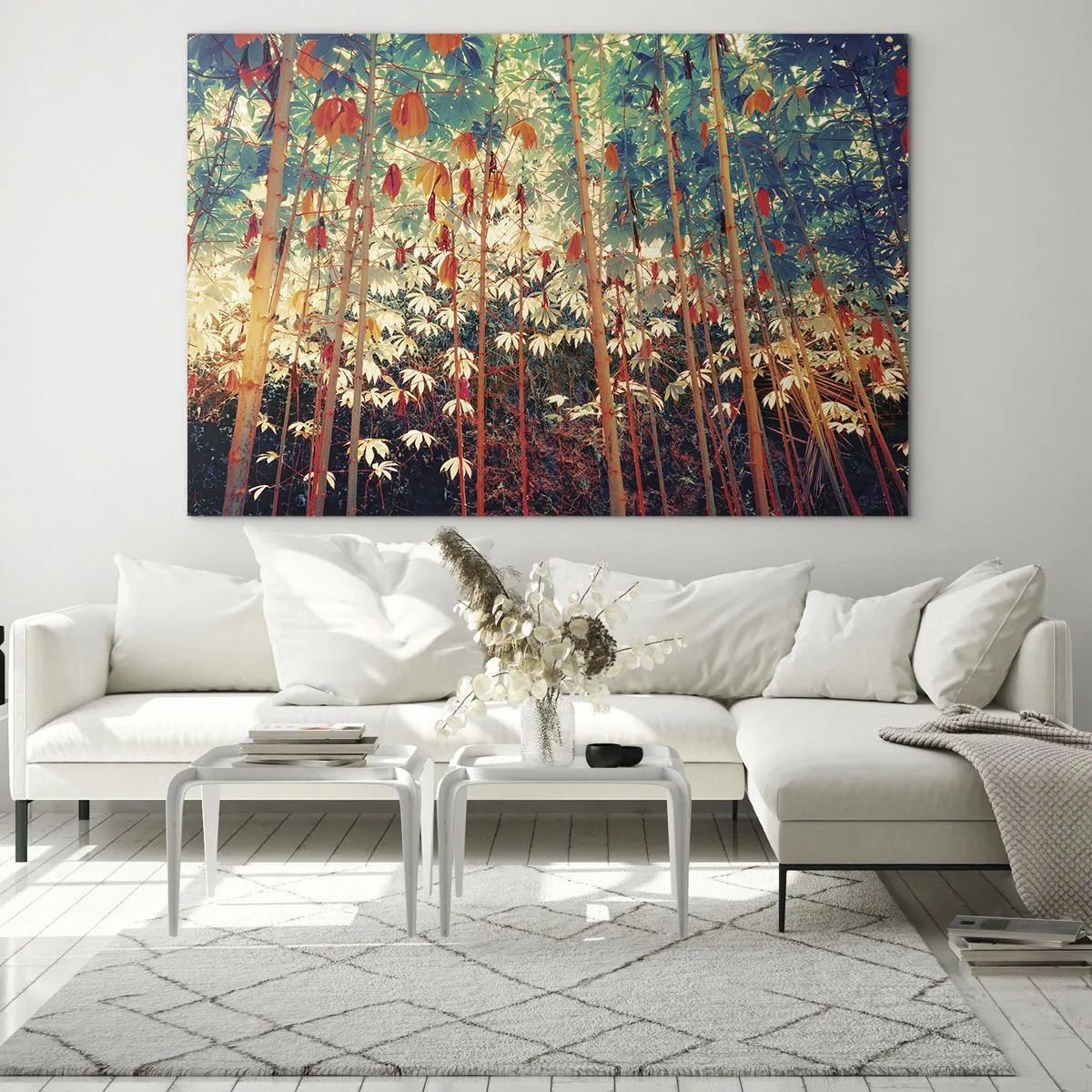 Billede på glas - Farverig bambusskov med varm belysning - 70x50cm - Bladenes hemmelige liv - Moderne vægdekoration til stue og soveværelse ARTTOR