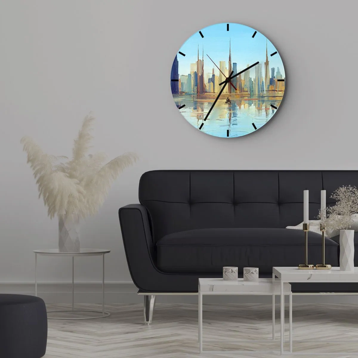 Vægur, Uret - Bypanoramaet spejlet i vandet i klare toner - 30x30cm - Solrig metropol - Moderne vægdekoration til stue, køkken og soveværelse ARTTOR