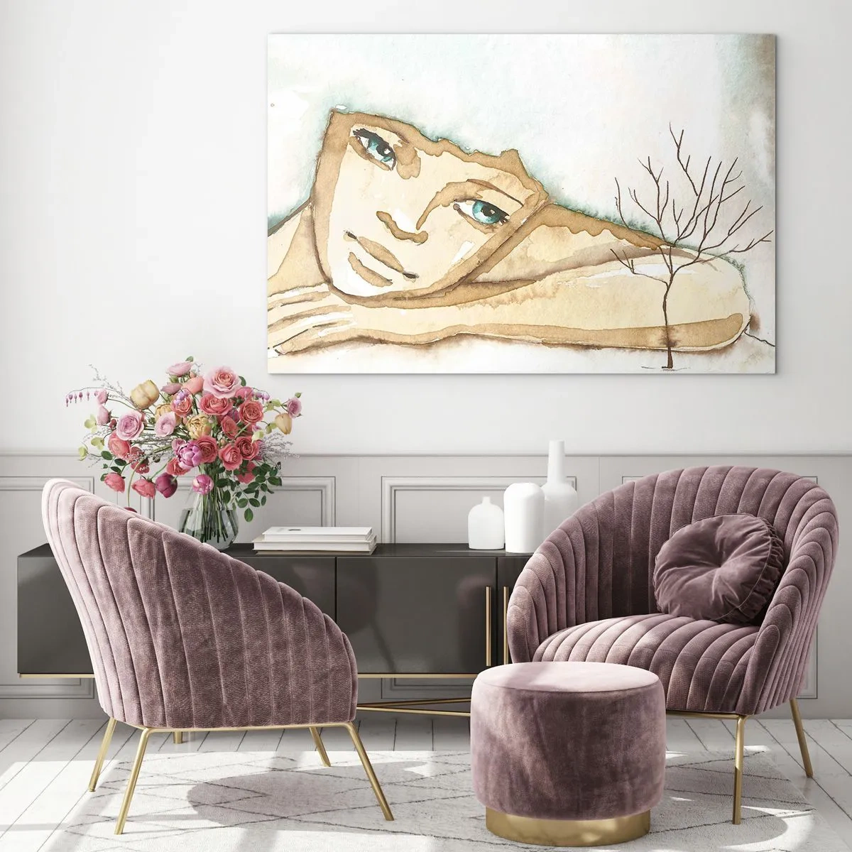 Billede på glas - En diskret figur af en kvinde med et træ mod en baggrund af akvarelfarver - 70x50cm - Poesiens træ vokser ud af stilheden - Moderne vægdekoration til stue og soveværelse ARTTOR