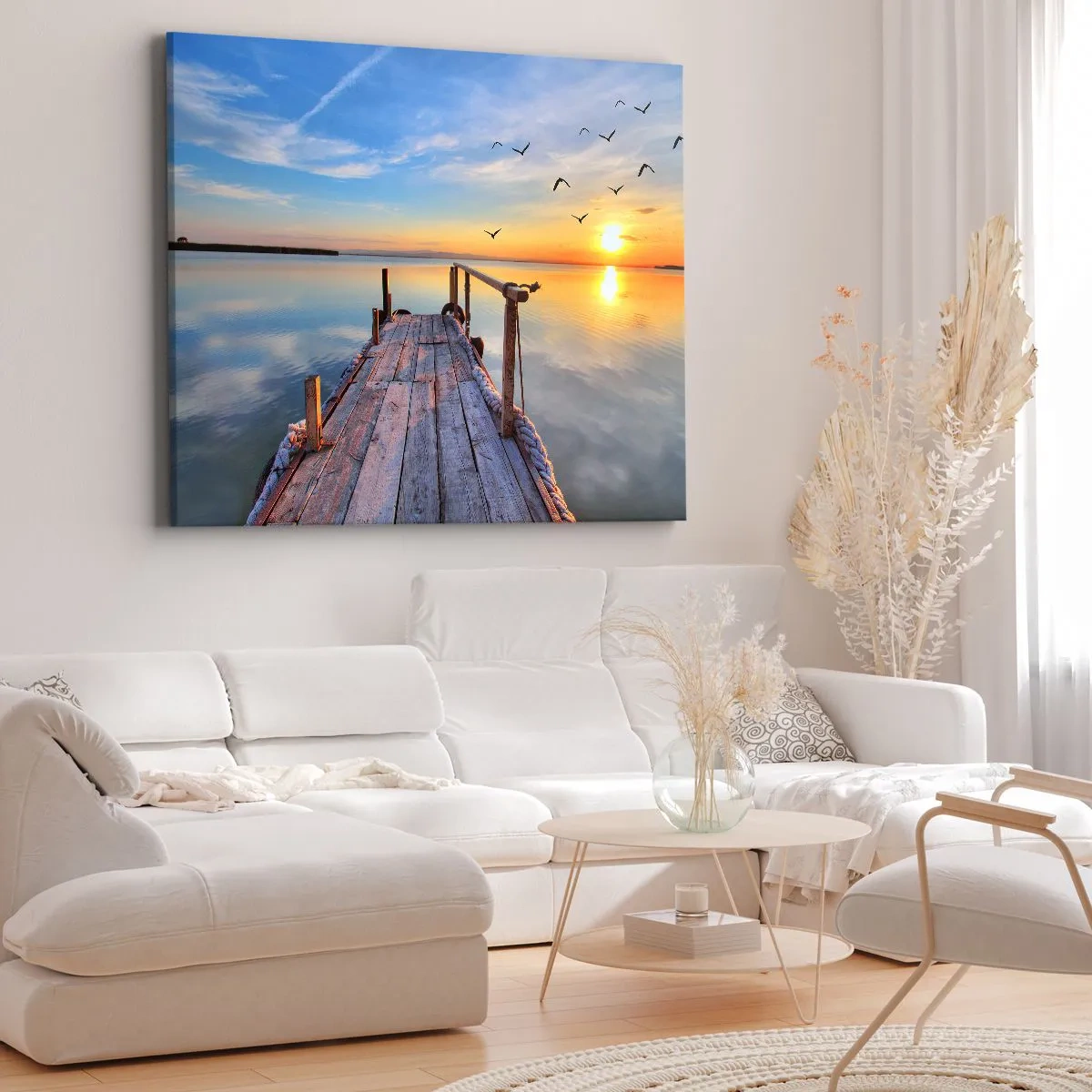 Lærredstryk - Billede på lærred - Træmole ved solnedgang på en rolig sø - 70x50cm - Går fremad mod solen - Moderne vægdekoration til stue og soveværelse ARTTOR