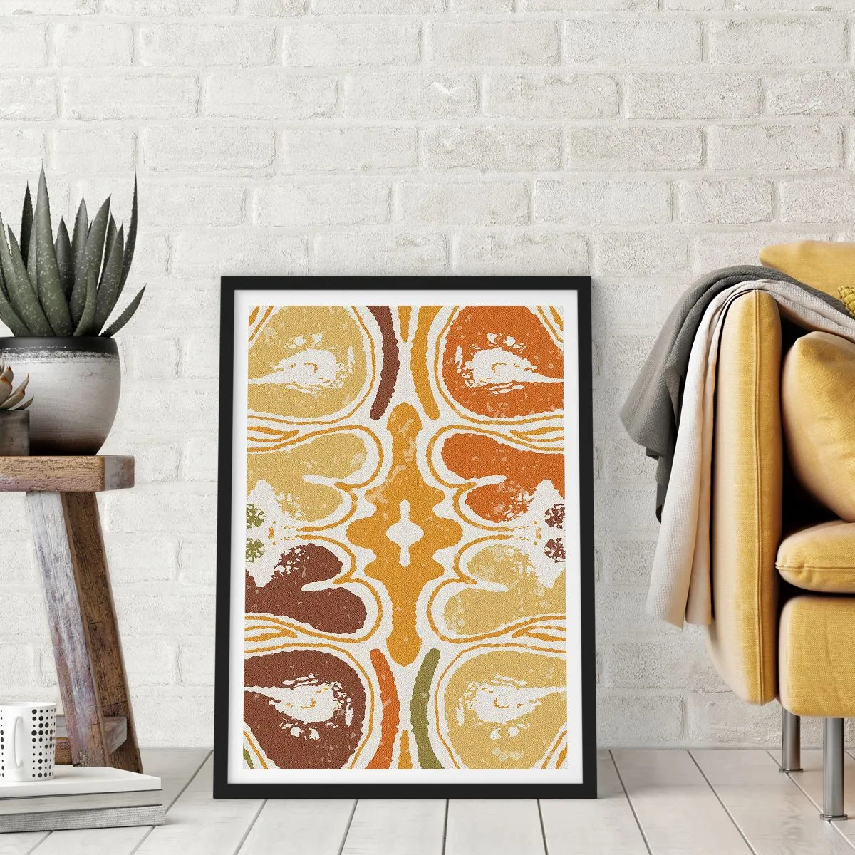 Plakat i sort ramme - Symmetrisk abstraktion i varme jordfarver - 50x70cm - Sentimental abstraktion - Moderne vægdekoration til stue og soveværelse ARTTOR