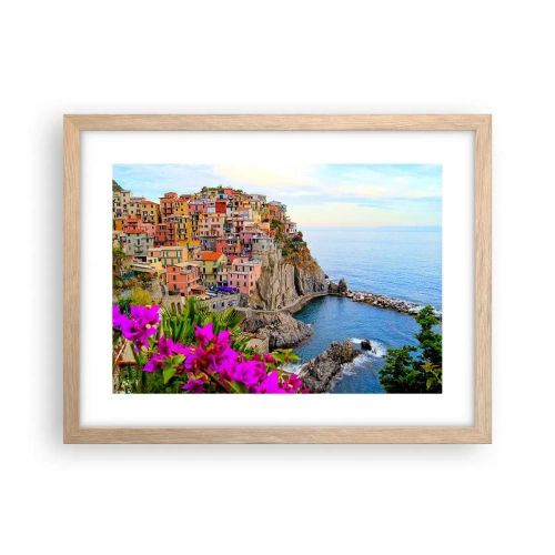 Plakat i ramme af lyst egetræ - En grinende by - 40x30 cm