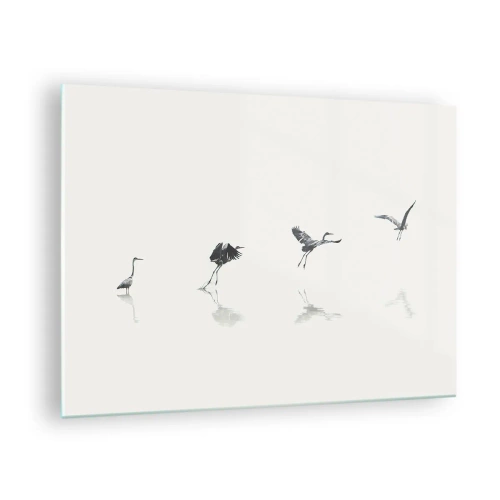 Billede på glas - Silhuetter af fire fugle, der bevæger sig over vandet - 70x50cm - Fire enkle trin - Moderne vægdekoration til stue og soveværelse ARTTOR
