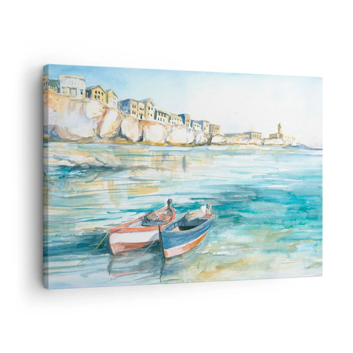 Lærredstryk - Billede på lærred - Et malerisk kystlandskab med både på vandet - 70x50cm - Landskab i azurblå - Moderne vægdekoration til stue og soveværelse ARTTOR
