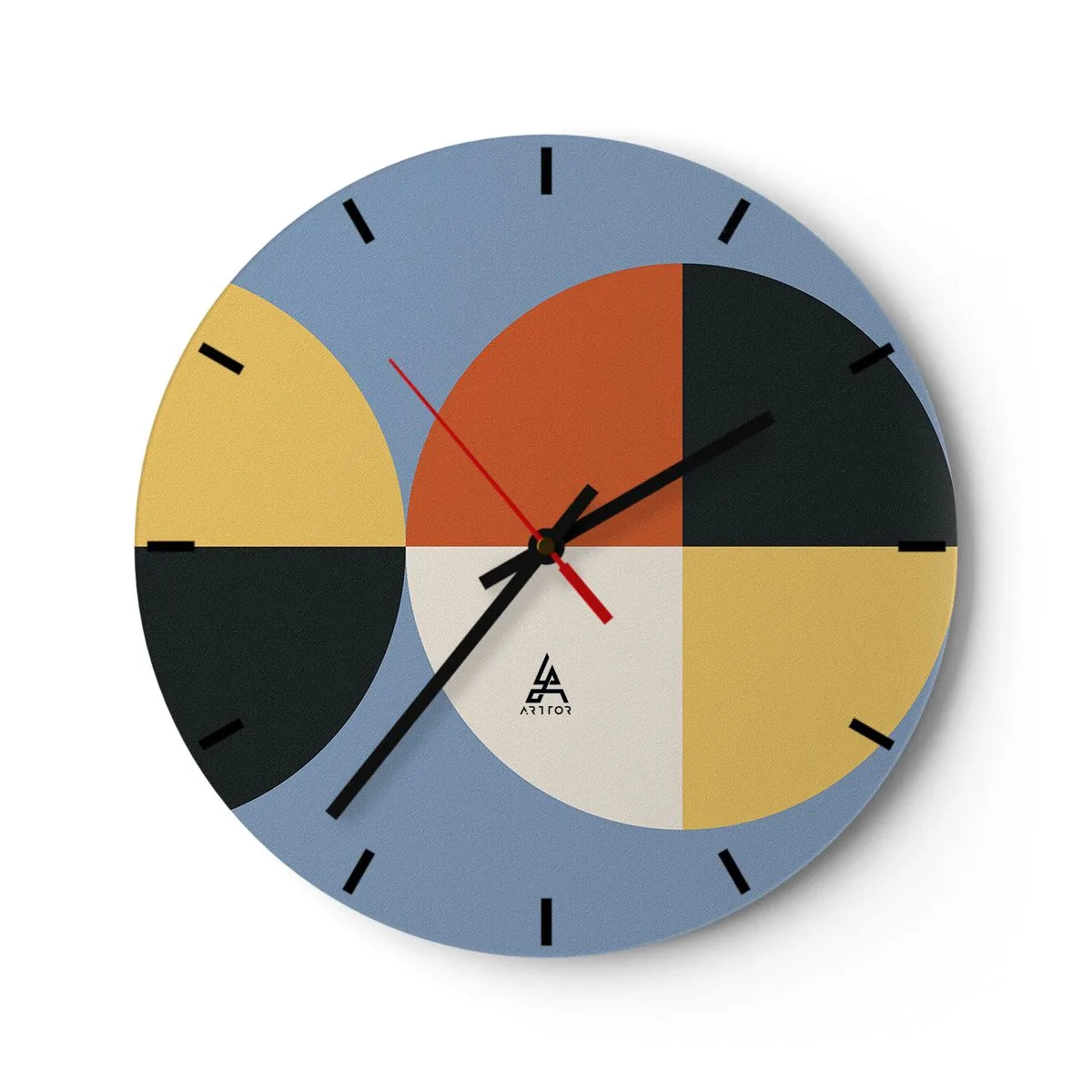 Vægur, Uret - Geometrisk komposition med farverige halvcirkler og firkanter - 30x30cm - Se og tæl - Moderne vægdekoration til stue, køkken og soveværelse ARTTOR