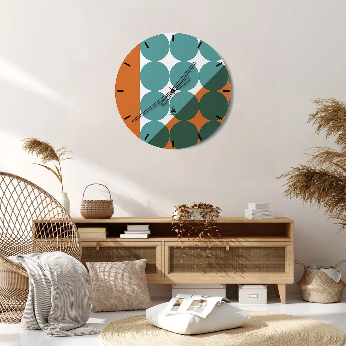 Vægur, Uret - Geometriske cirkler i nuancer af grønt og orange - 30x30cm - Op og over - Moderne vægdekoration til stue, køkken og soveværelse ARTTOR