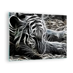 Billede på glas - Abstrakt tiger i lysende linjer på en sort baggrund - 70x50cm - En undersøgelse af kattens lethed - Moderne vægdekoration til stue og soveværelse ARTTOR