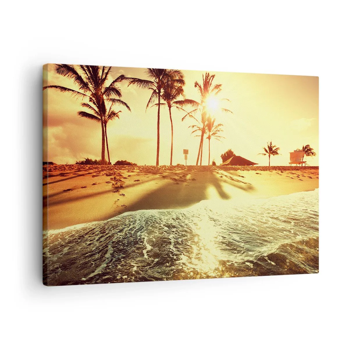 Lærredstryk - Billede på lærred - En strand med palmer oplyst af en varm solnedgang - 70x50cm - Eftermiddag i Californien - Moderne vægdekoration til stue og soveværelse ARTTOR