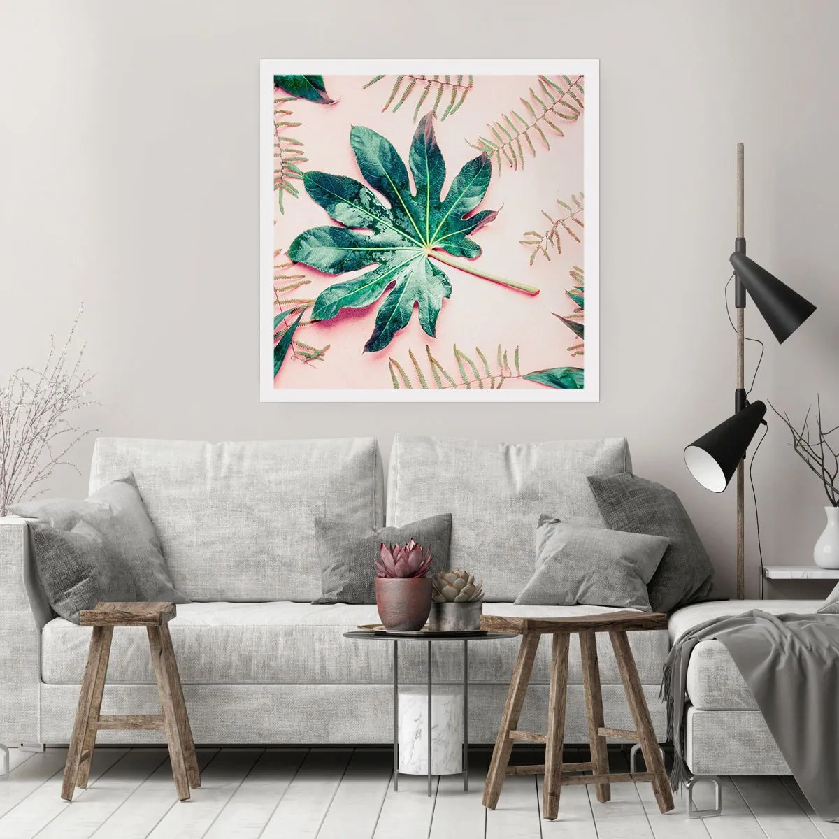 Plakat - En undersøgelse af grønt på en lyserød baggrund - 40x40 cm