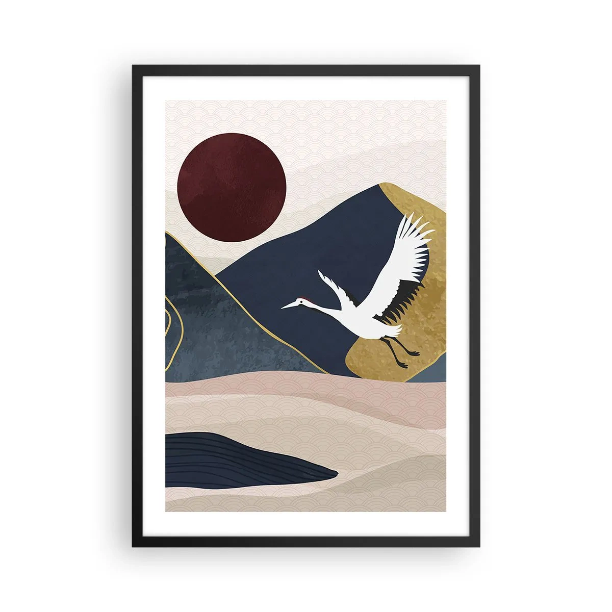 Plakat i sort ramme - Minimalistisk grafik med en kran og et bjerglandskab - 50x70cm - Og dagen er igen FLØJET af sted - Moderne vægdekoration til stue og soveværelse ARTTOR