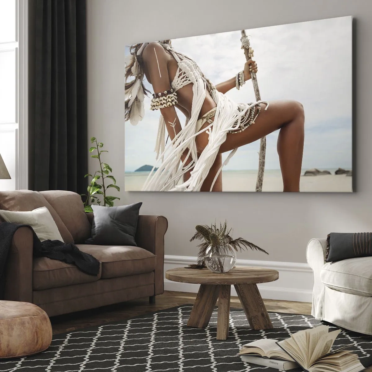 Lærredstryk - Billede på lærred - En kvindefigur i etniske ornamenter og tøj mod en baggrund af et tropisk landskab. - 70x50cm - Præstinde af solen - Moderne vægdekoration til stue og soveværelse ARTTOR