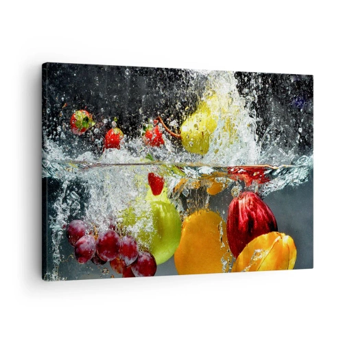 Lærredstryk - Billede på lærred - Farverige frugter i vand under dynamisk nedsænkning - 70x50cm - Frugtagtig forfriskning - Moderne vægdekoration til stue og soveværelse ARTTOR