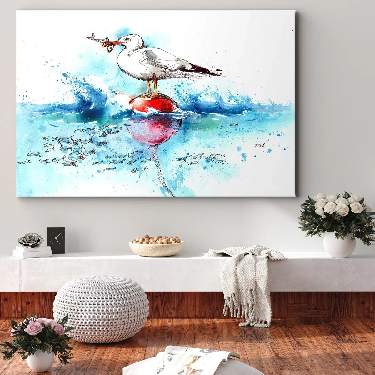 Lærredstryk - Billede på lærred - Måge på en bøje med fisk i baggrunden i akvarelstil - 70x50cm - Succesfuldt fiskeri - Moderne vægdekoration til stue og soveværelse ARTTOR