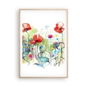 Plakat i ramme af lyst egetræ - En blomstrende eng i maj - 70x100 cm
