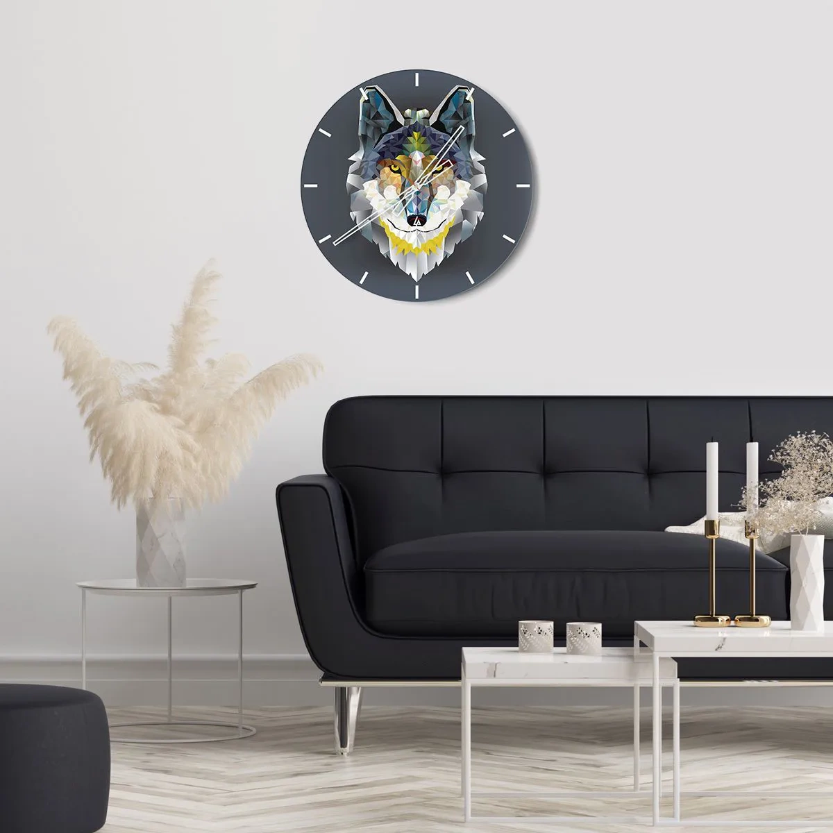 Vægur, Uret - Geometrisk billede af en ulv på en mørk baggrund - 30x30cm - Når vi taler om ulven - Moderne vægdekoration til stue, køkken og soveværelse ARTTOR