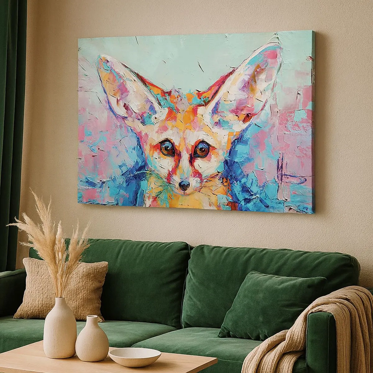 Lærredstryk - Billede på lærred - Et farverigt portræt af en fennec-ræv i ekspressiv maleristil. - 70x50cm - Er du klar til mig? - Moderne vægdekoration til stue og soveværelse ARTTOR