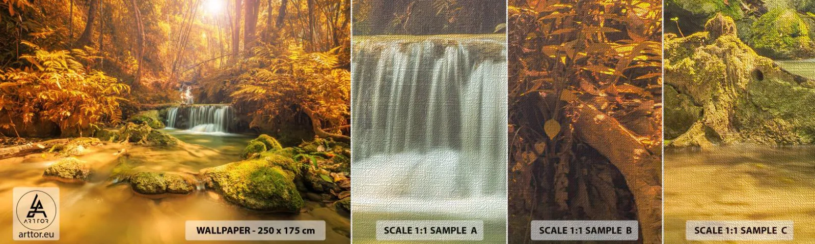 Prøve Fototapet Premium Canvas - Skovkaskade i guld - Landskab, Vandfald, Thailand - 100x30 cm