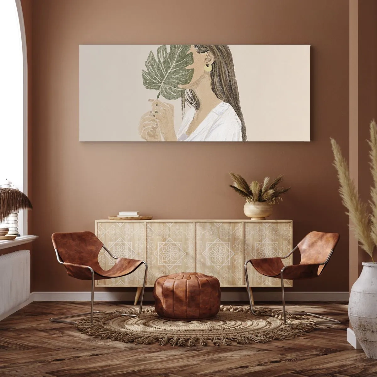 Lærredstryk - Billede på lærred - Mystisk portræt med en vifte - 100x40 cm