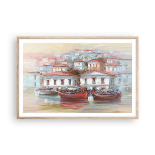 Plakat i ramme af lyst egetræ - Lykkelig by - 91x61 cm