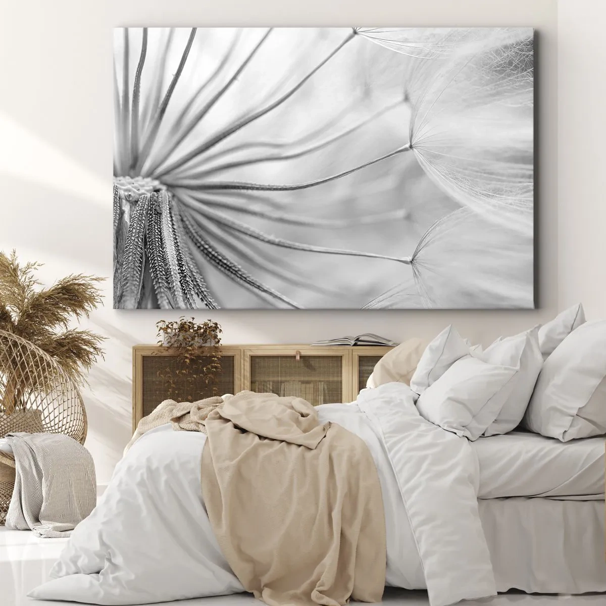 Lærredstryk - Billede på lærred - Delikate mælkebøtter i sort-hvide toner - 70x50cm - Blæsende drager - Moderne vægdekoration til stue og soveværelse ARTTOR