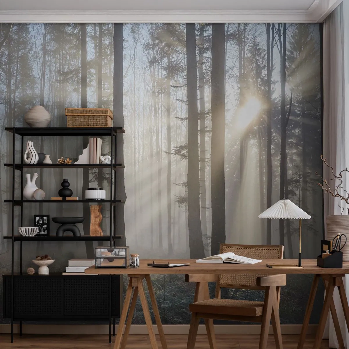 Fototapet Premium Sand - Tågen er også vågnet op - Landskab, Skov, Tåge - 100x70 cm