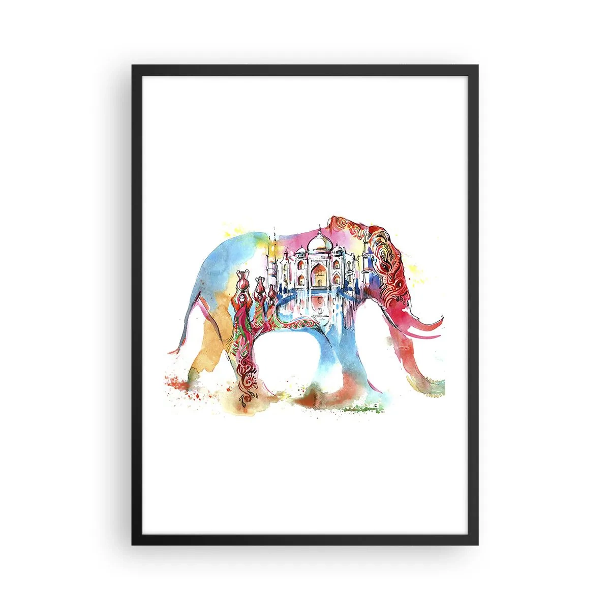 Plakat i sort ramme - Farverig elefant med indiske motiver og Taj Mahal - 50x70cm - Indien - kærlighedens aura - Moderne vægdekoration til stue og soveværelse ARTTOR