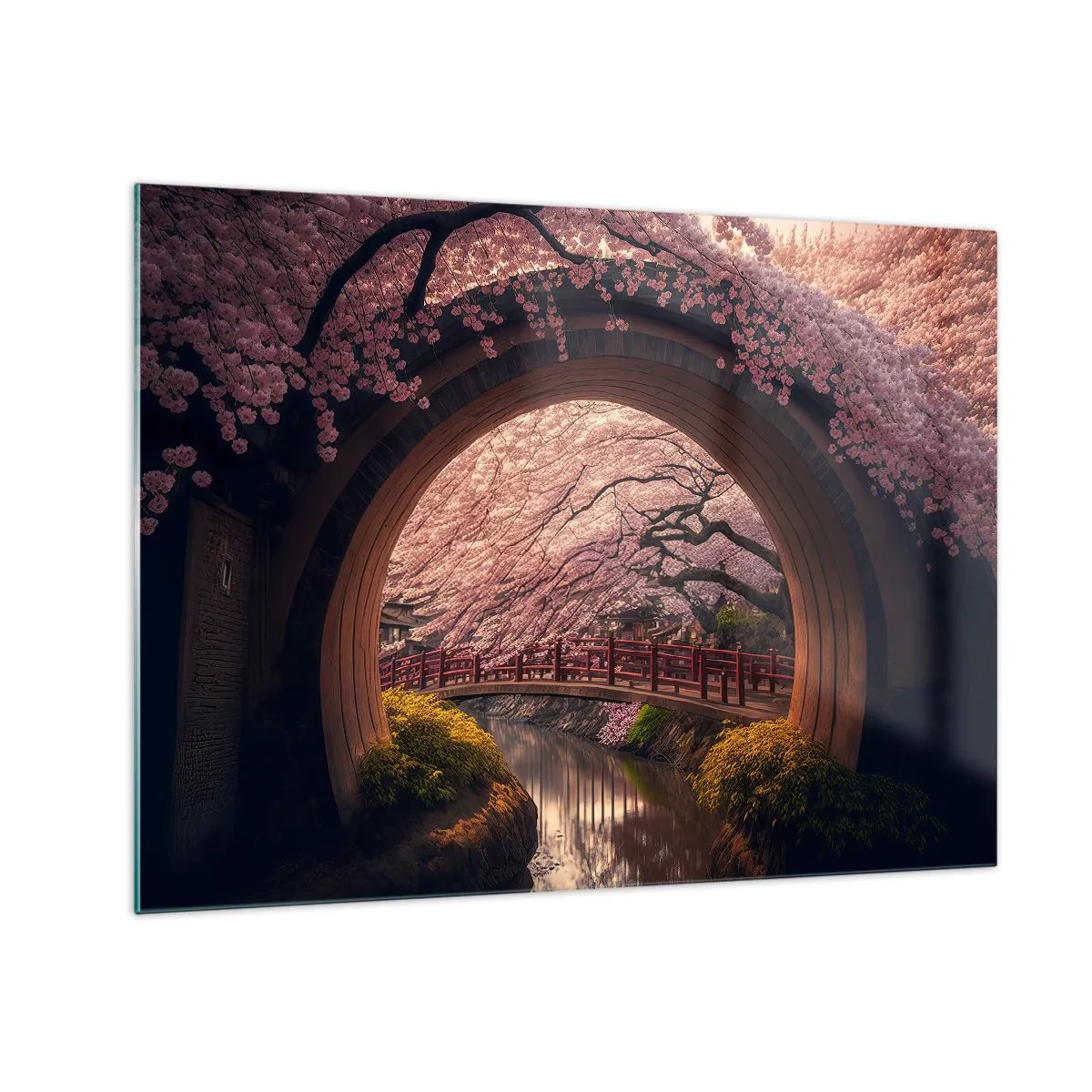 Billede på glas - Kirsebærblomster og en japansk bro set gennem den runde port - 70x50cm - Japansk forår - Moderne vægdekoration til stue og soveværelse ARTTOR
