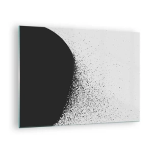 Billede på glas - Abstraktion af en sort masse, der falder fra hinanden, på en hvid baggrund - 70x50cm - Partikelbevægelse - Moderne vægdekoration til stue og soveværelse ARTTOR