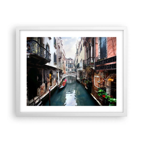 Plakat i hvid ramme - Venetiansk landskab med gondol og bro - 50x40 cm