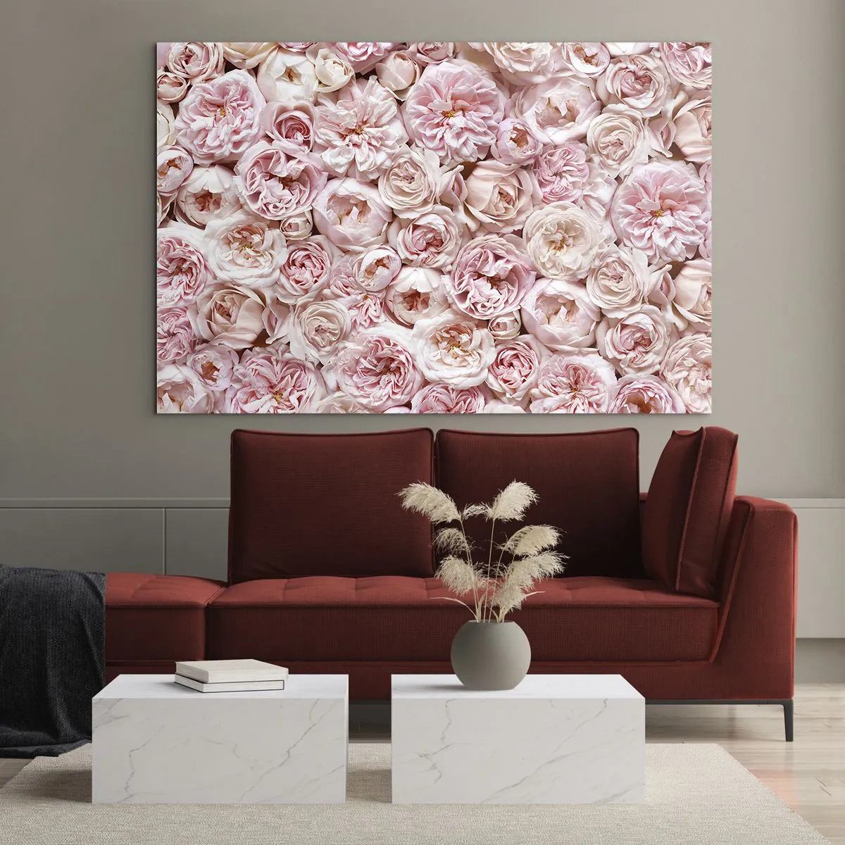 Billede på glas - Pastellroser i et tæt blomsterarrangement - 70x50cm - Overstrøet med roser - Moderne vægdekoration til stue og soveværelse ARTTOR