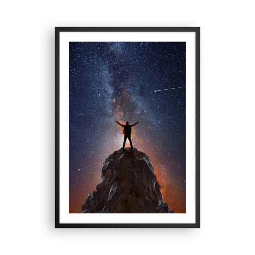 Plakat i sort ramme - Silhuet på toppen af en klippe med en stjernehimmel i baggrunden - 50x70cm - Magten er hos mig! - Moderne vægdekoration til stue og soveværelse ARTTOR