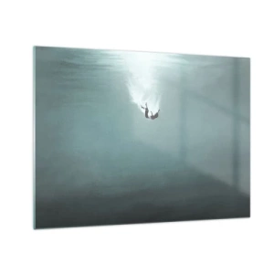Billede på glas - Silhuetten af en mand fordybet i havets blå dyb - 70x50cm - I havets favntag - Moderne vægdekoration til stue og soveværelse ARTTOR