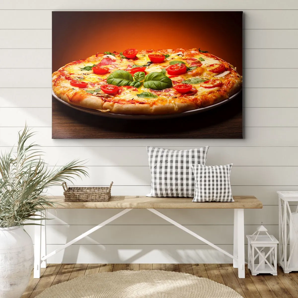 Lærredstryk - Billede på lærred - Pizza med tomater og basilikum på et træbord - 70x50cm - Mamma mia! - Moderne vægdekoration til stue og soveværelse ARTTOR