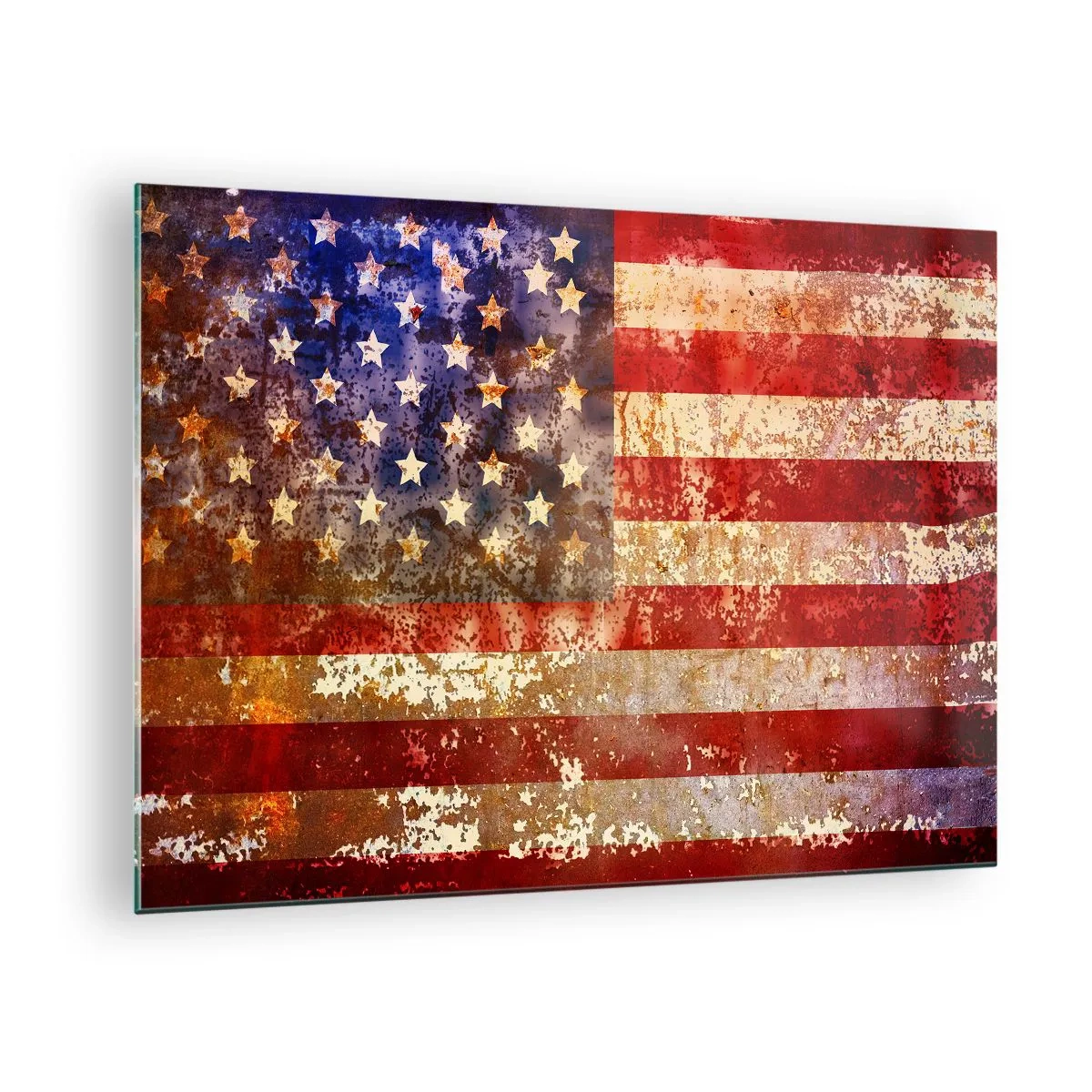 Billede på glas - Rustent amerikansk flag - 70x50cm - Herlighed går ikke bort - Moderne vægdekoration til stue og soveværelse ARTTOR