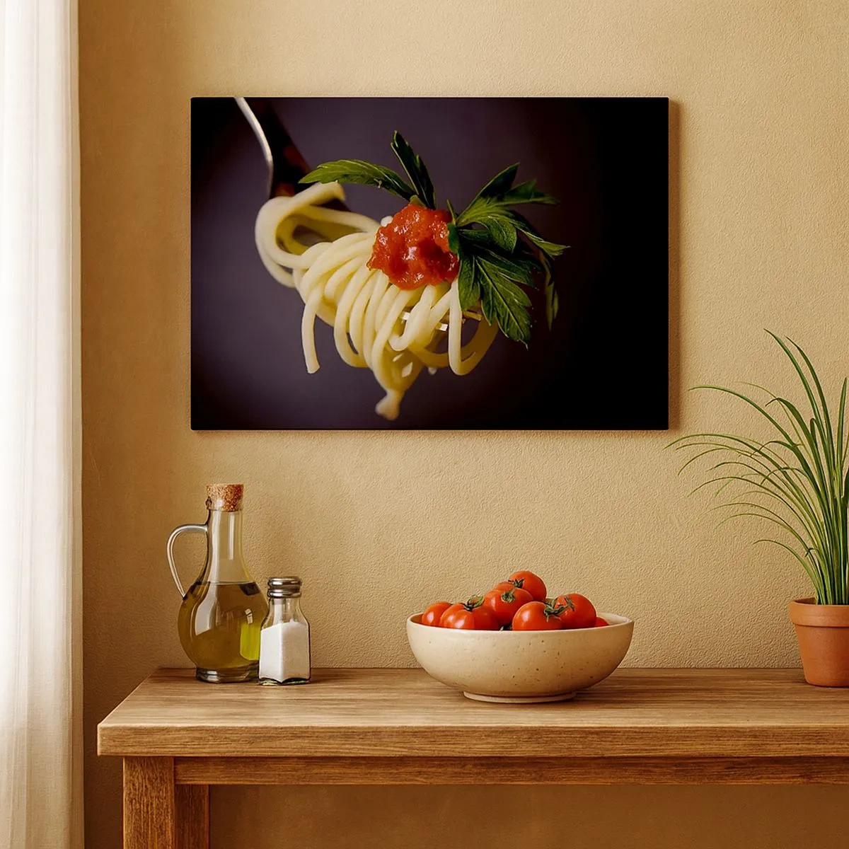 Lærredstryk - Billede på lærred - Spaghetti pasta på en gaffel med tomatsauce og persille - 70x50cm - En lækker bid - Moderne vægdekoration til stue og soveværelse ARTTOR